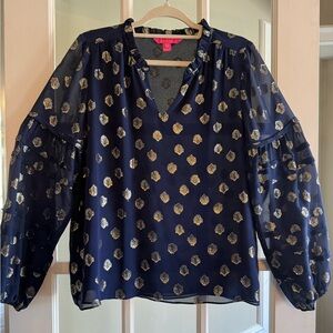 Lilly Pulitzer Silk Blend Navy Blouse with Gold Metallic Fan / Leaf Print New